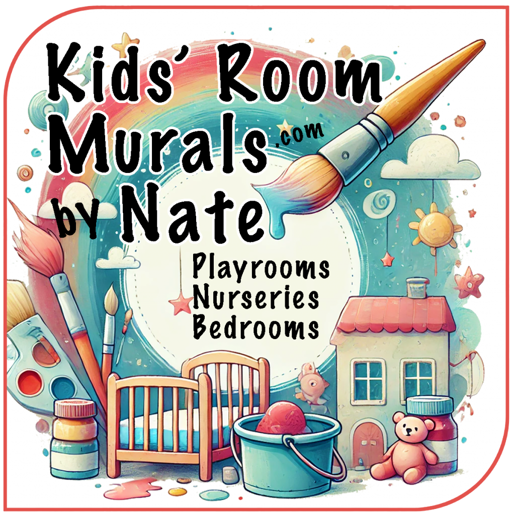 Logo for 'Kids Room Murals by Nate' offering murals for playrooms, nurseries and bedrooms. Image of child bed and toys, brushes and paint