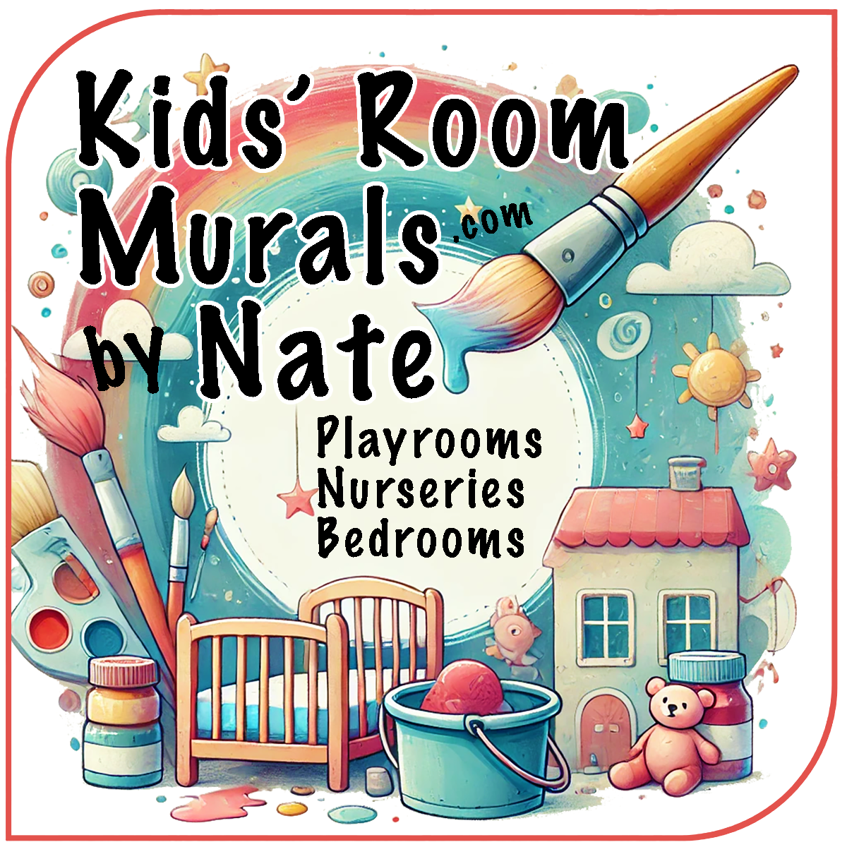 Logo for 'Kids Room Murals by Nate' offering murals for playrooms, nurseries and bedrooms. Image of child bed and toys, brushes and paint